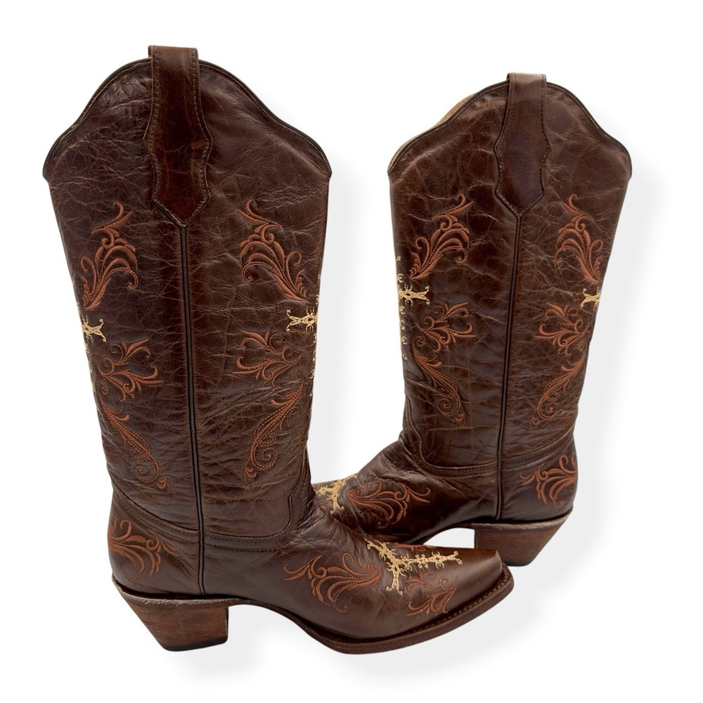 Circle G by Corral Boots L5039 Brown Leather Cross Embroidered Cowboy Women's 9M